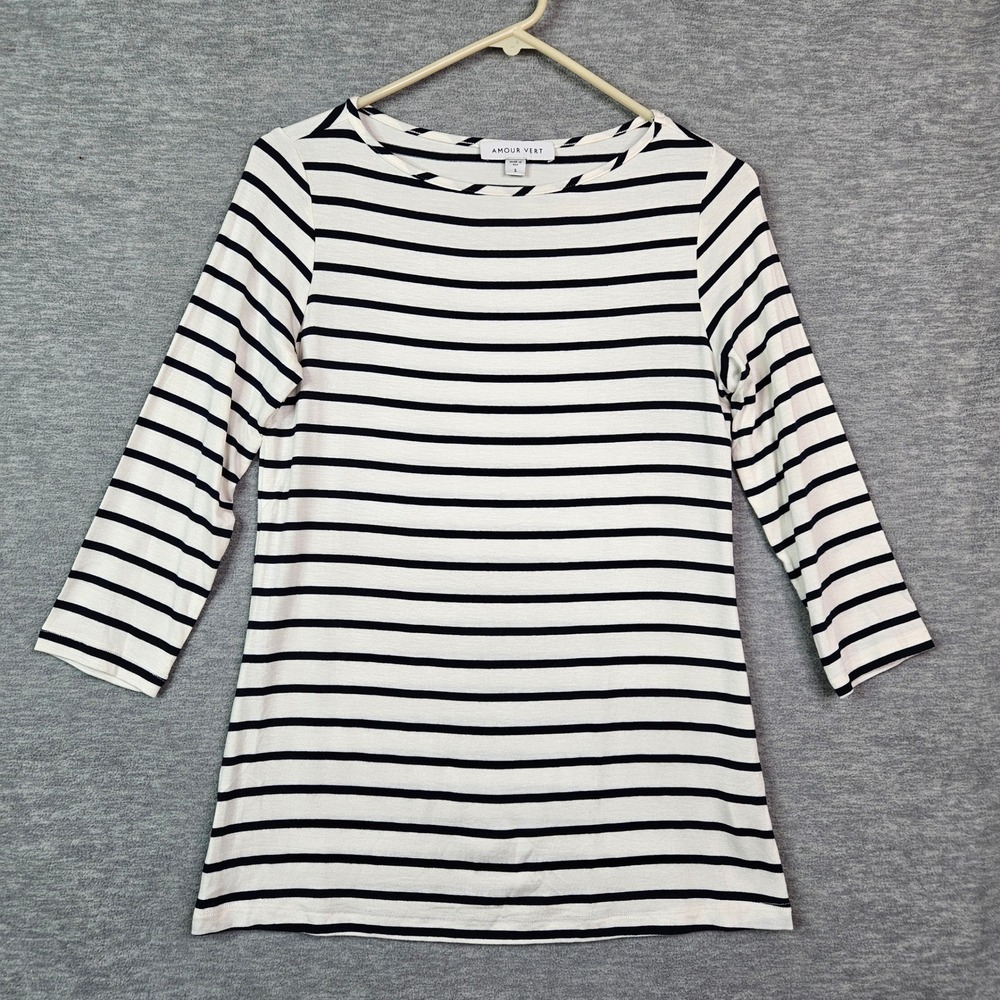 Amour Vert Women Striped Boat Neck 3/4 Sleeve Modal Blend Top White Black Small